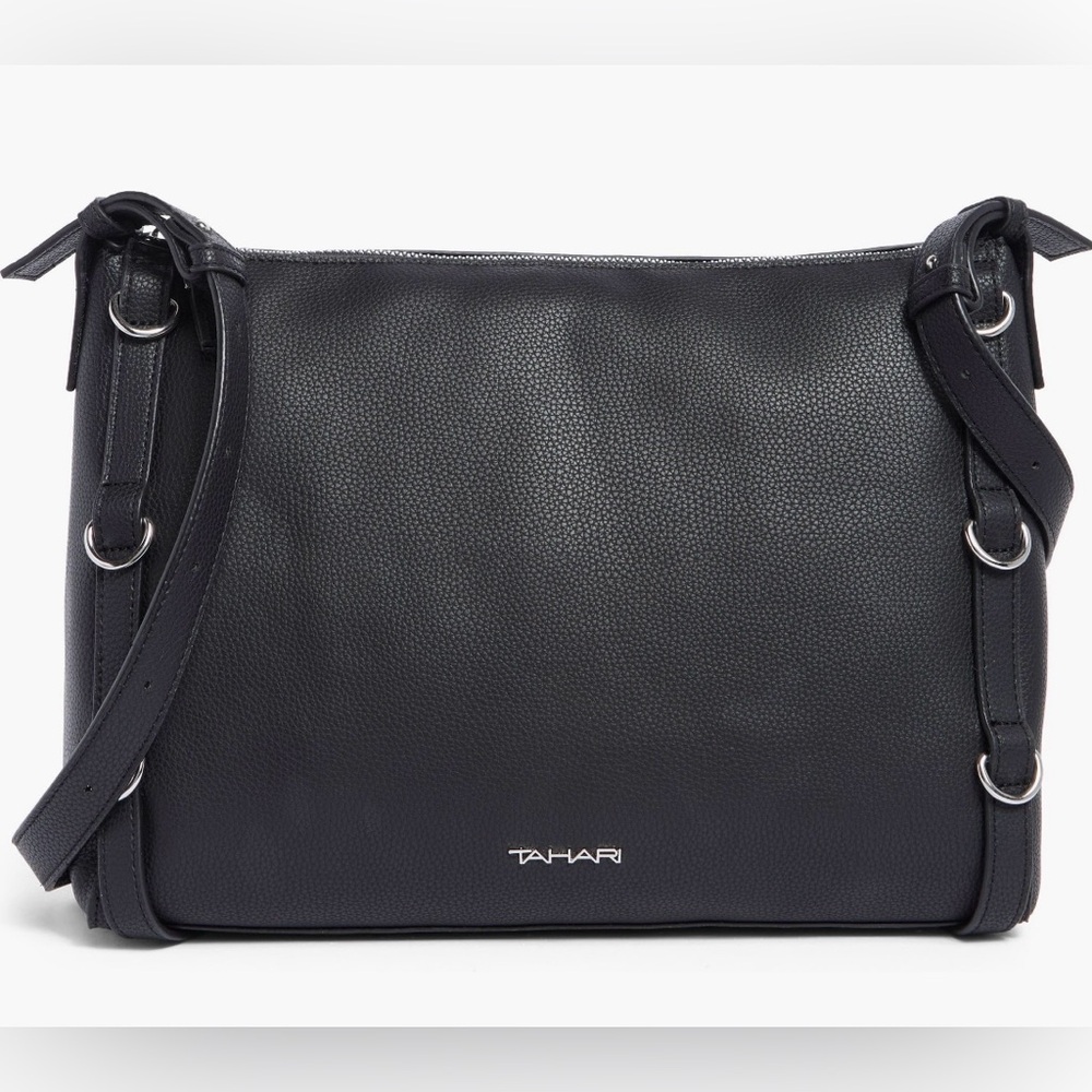 $119 Tahari 13.5” large hobo crossbody bag purse black faux leather silver new